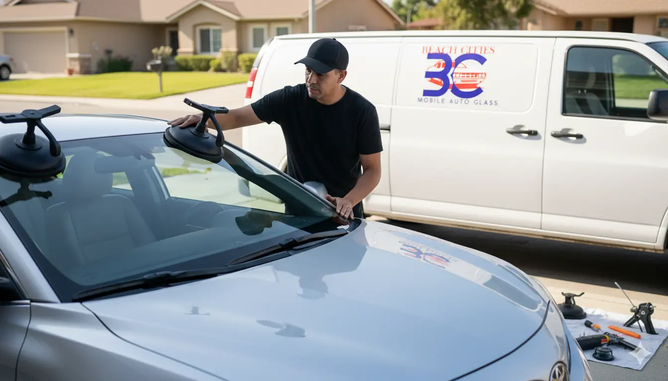 Beach Cities Mobile Auto Glass technician performing mobile windshield repair in Manhattan Beach CA